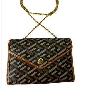 Versace Brown Envelope Wallet On Chain La Greca Signature Canvas cross body